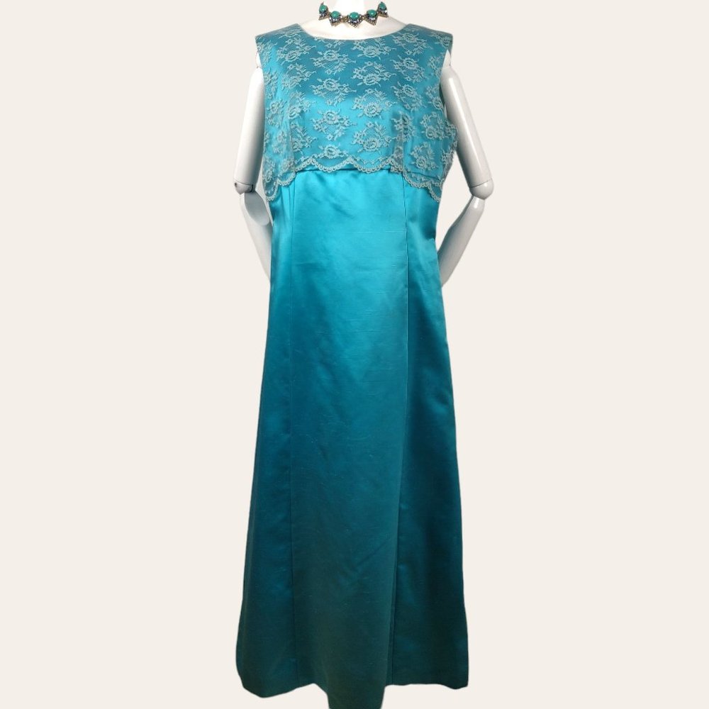 Vintage 1960s MOD Aqua Cocktail Dress Party Gown Lace Bodice Turquoise Satin M